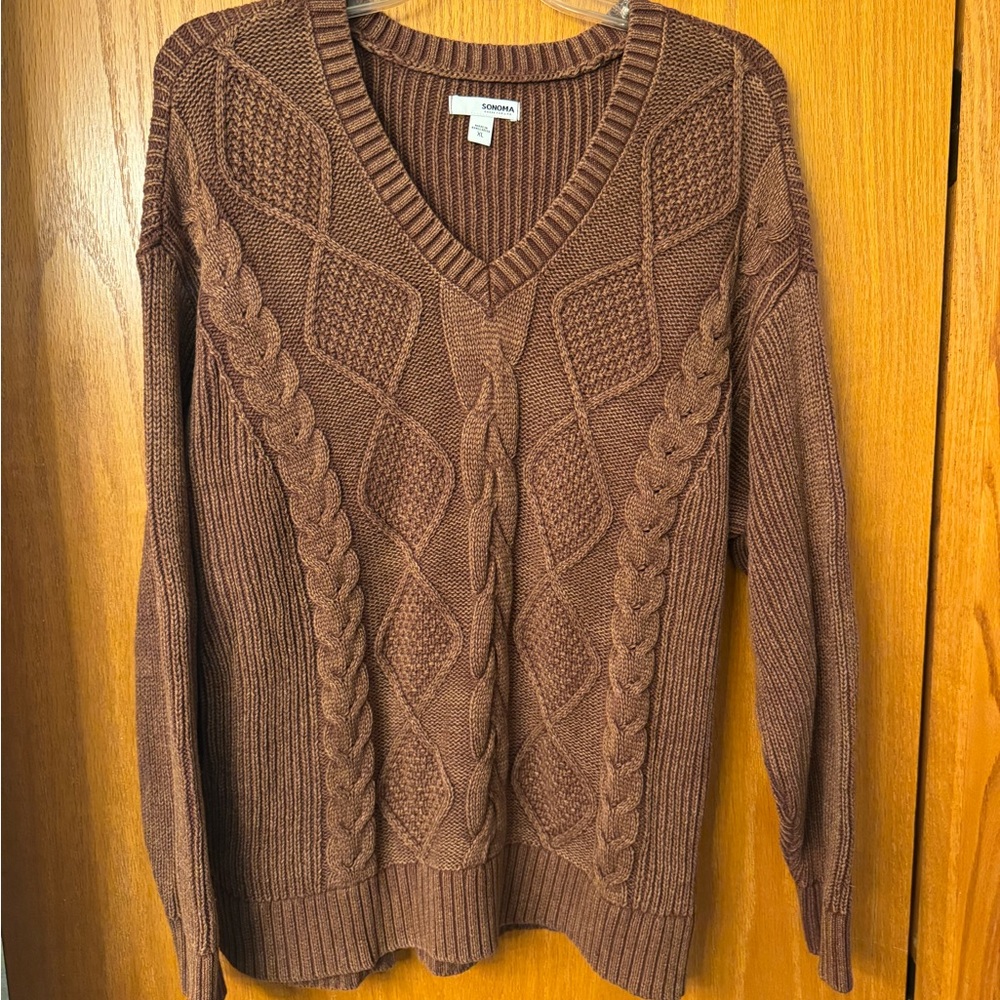 Sonoma Women’s Chestnut Brown Cable V-Neck Sweater